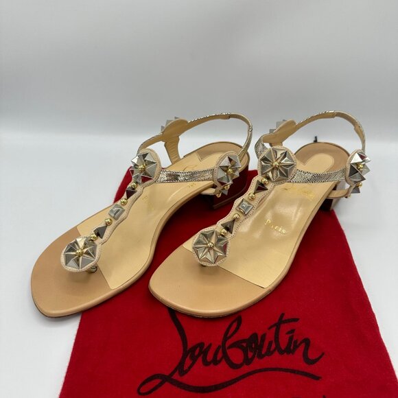 Christian Louboutin Kaleidra Spike T-Strap Red Sole Sandal, Nude Size 38.5 - Picture 7 of 8